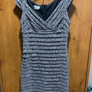 London Times Silver Black Asymmetrical Sheath Dress V-Neck